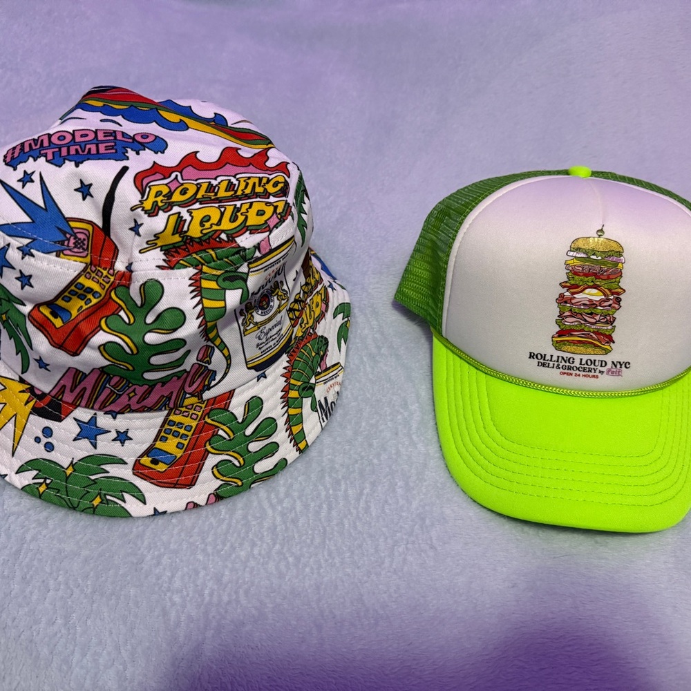 Rolling Loud x Modelo bucket hat plus a trucker hat combo